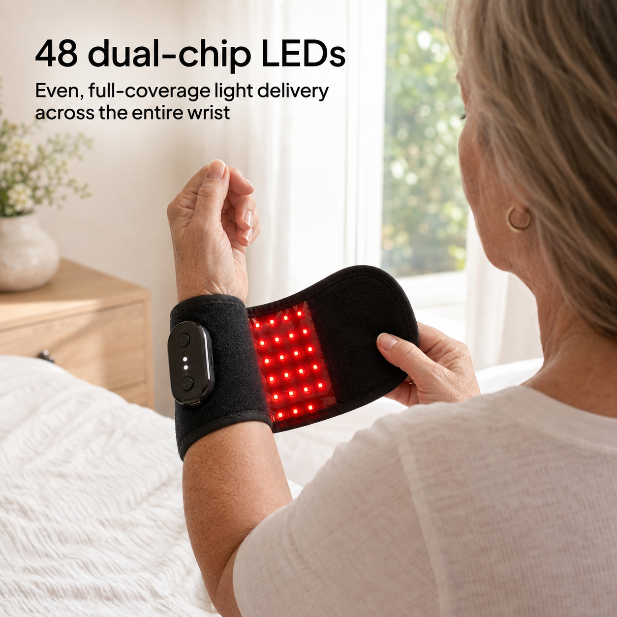 Older woman adjusting the wrap showing the dual-chip LED array glowing red