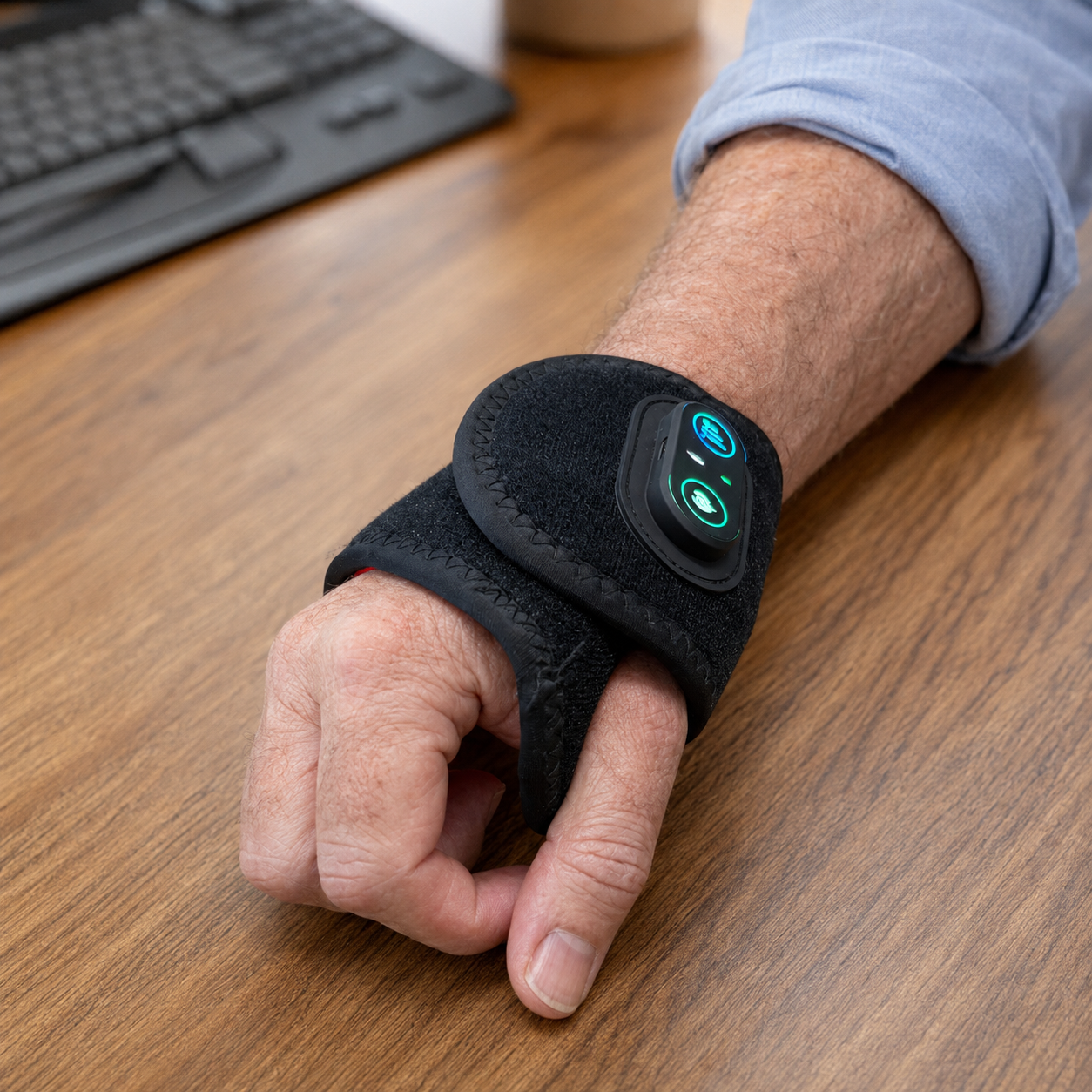 Older man's wrapped hand resting on a desk near a keyboard