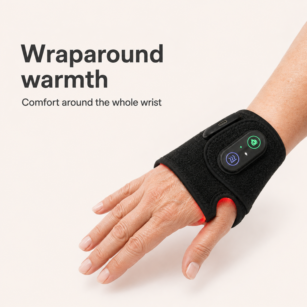 Close-up of the wrap around a wrist showing wraparound warmth coverage