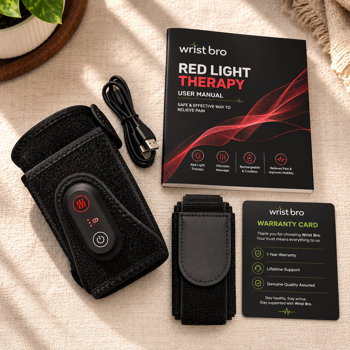 What's included - wrap, cable, manual, extension strap, warranty card