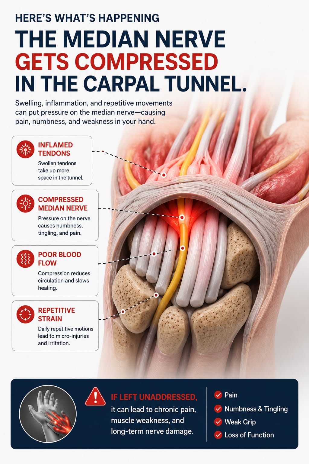 The median nerve gets compressed in the carpal tunnel: inflamed tendons, compressed nerve, poor blood flow, repetitive strain