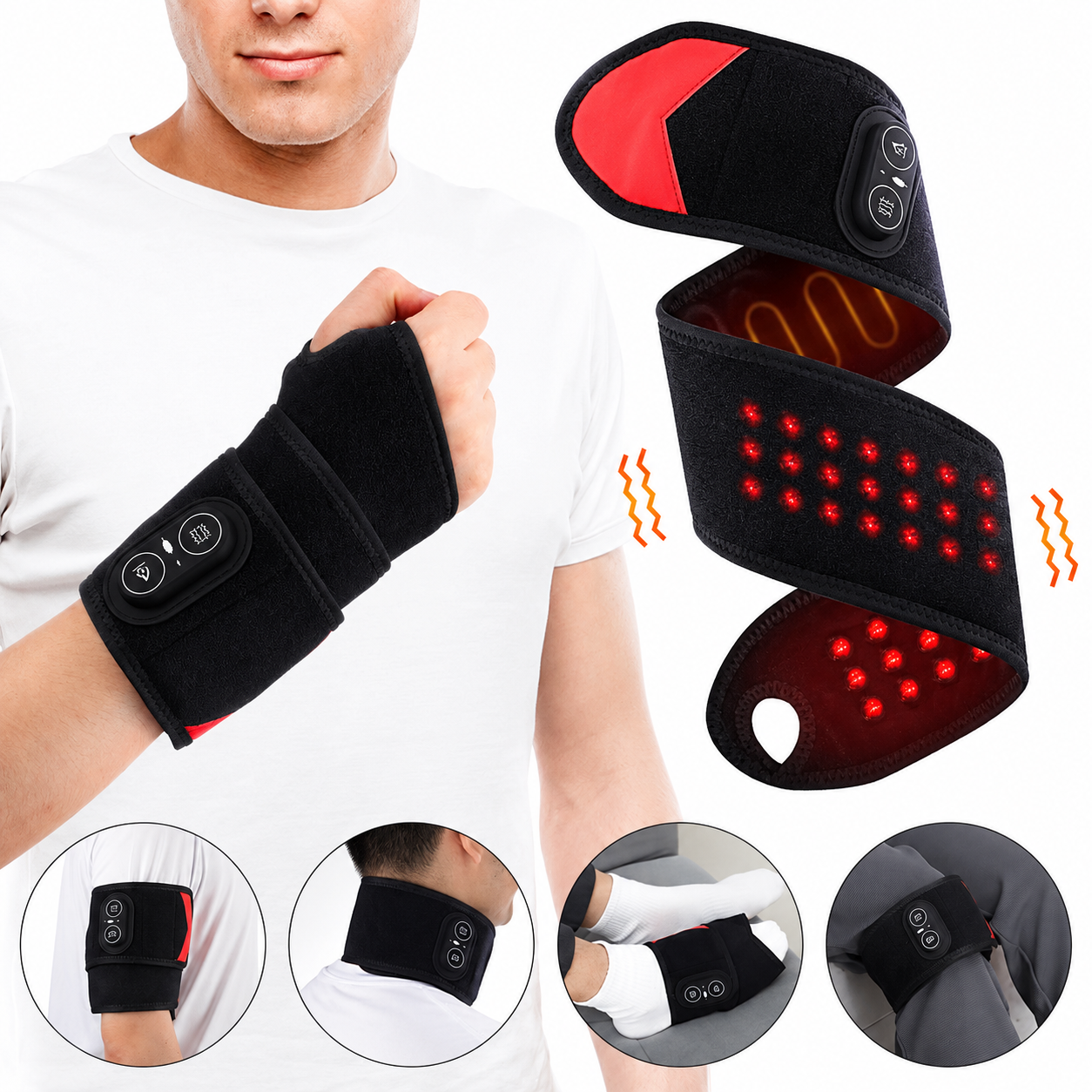 WristBro worn on the wrist, shown with its red light and heating layers