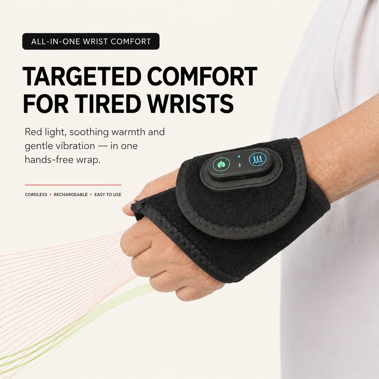 WristBro shown worn on the wrist alongside its heating and red light layers