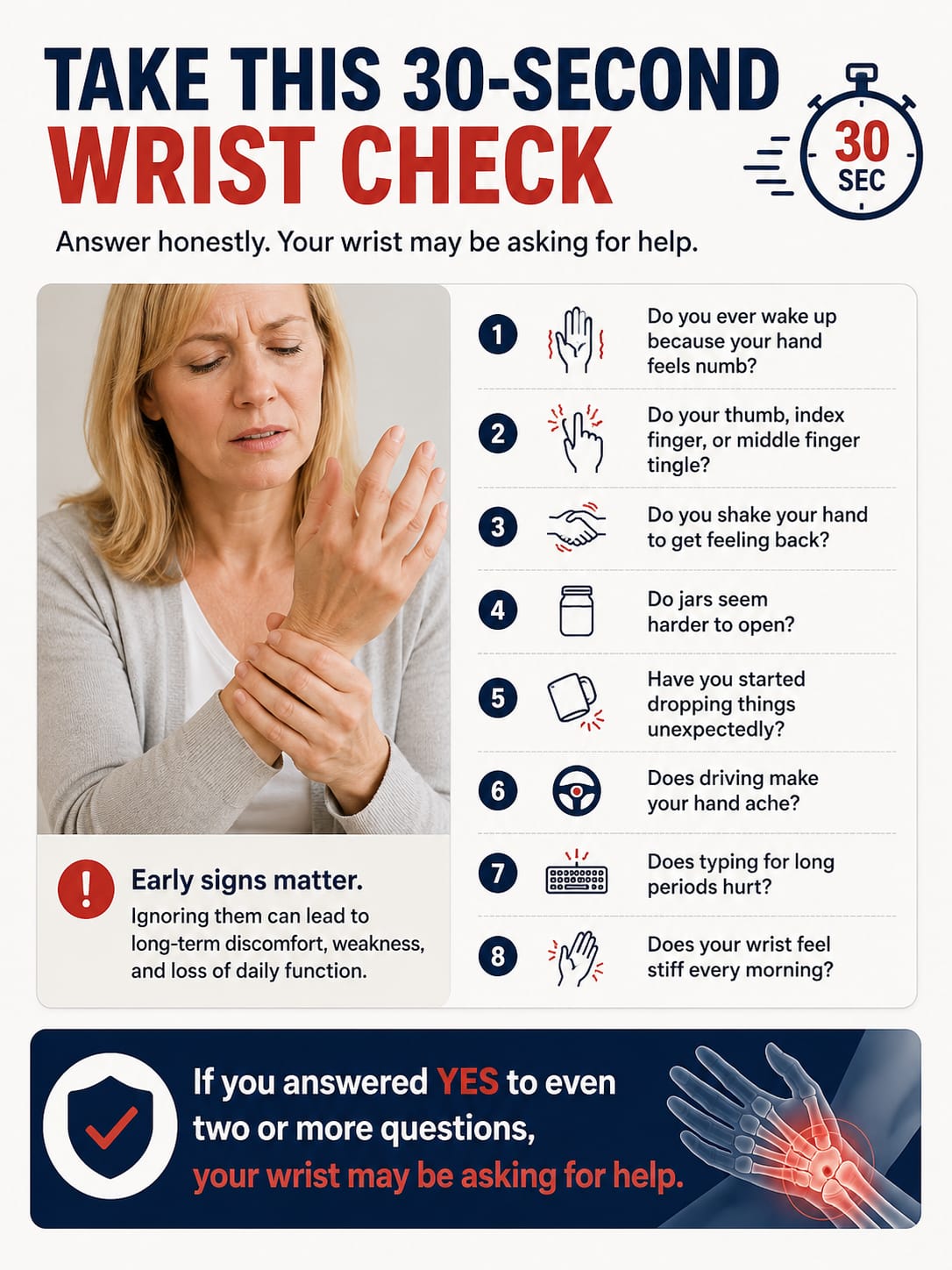 Take this 30-second wrist check: eight questions about numbness, grip and stiffness