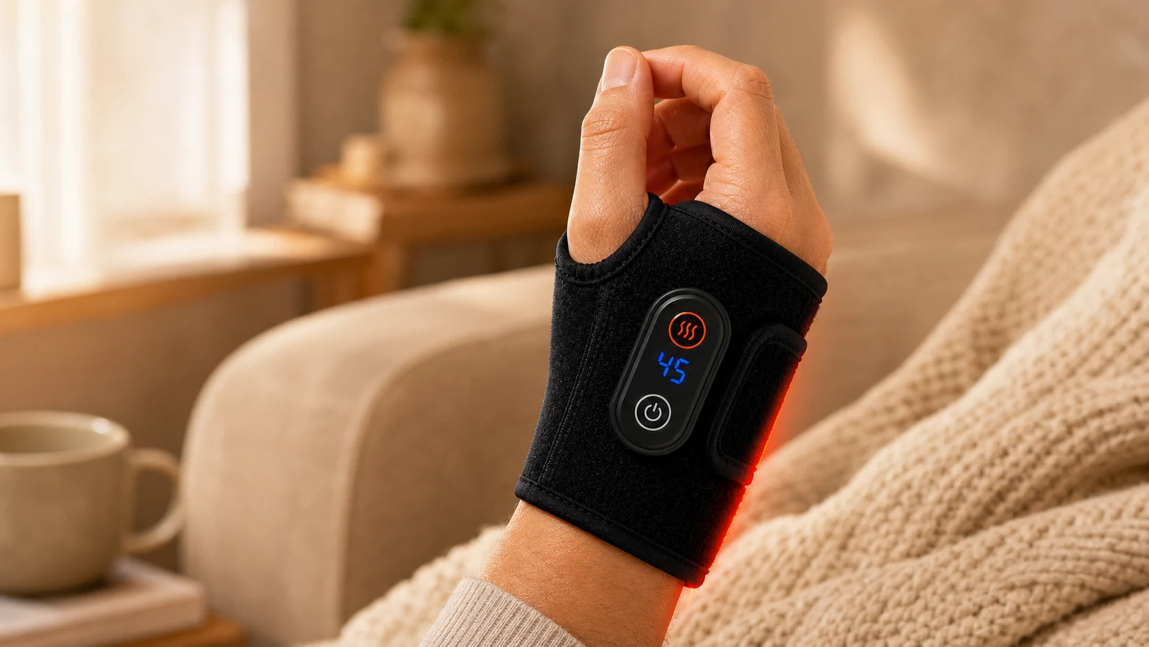 Wrist Bro light and heat wrap secured around the wrist during a hands-free home session