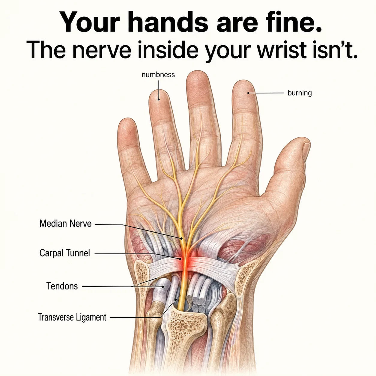 Illustration showing the median nerve passing through the carpal tunnel into the hand