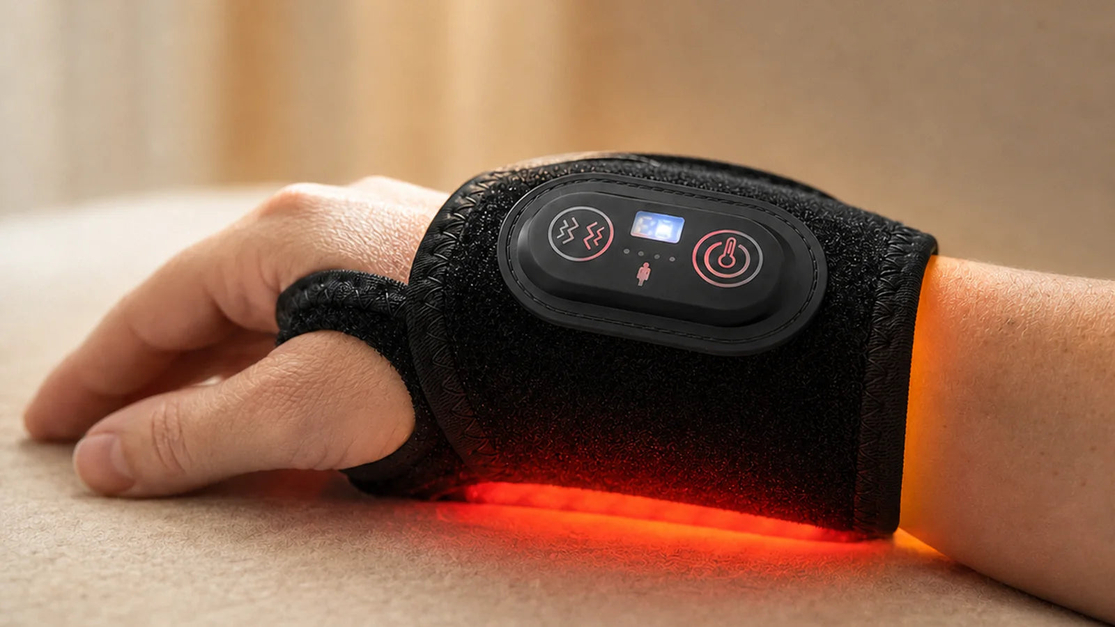 Wrist Bro red and near-infrared light wrap secured around the wrist