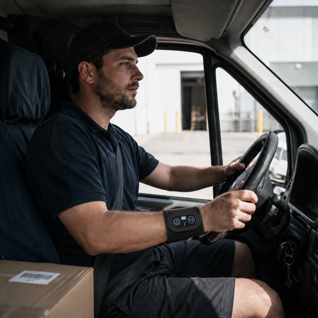 Delivery driver wearing Wrist Bro while driving