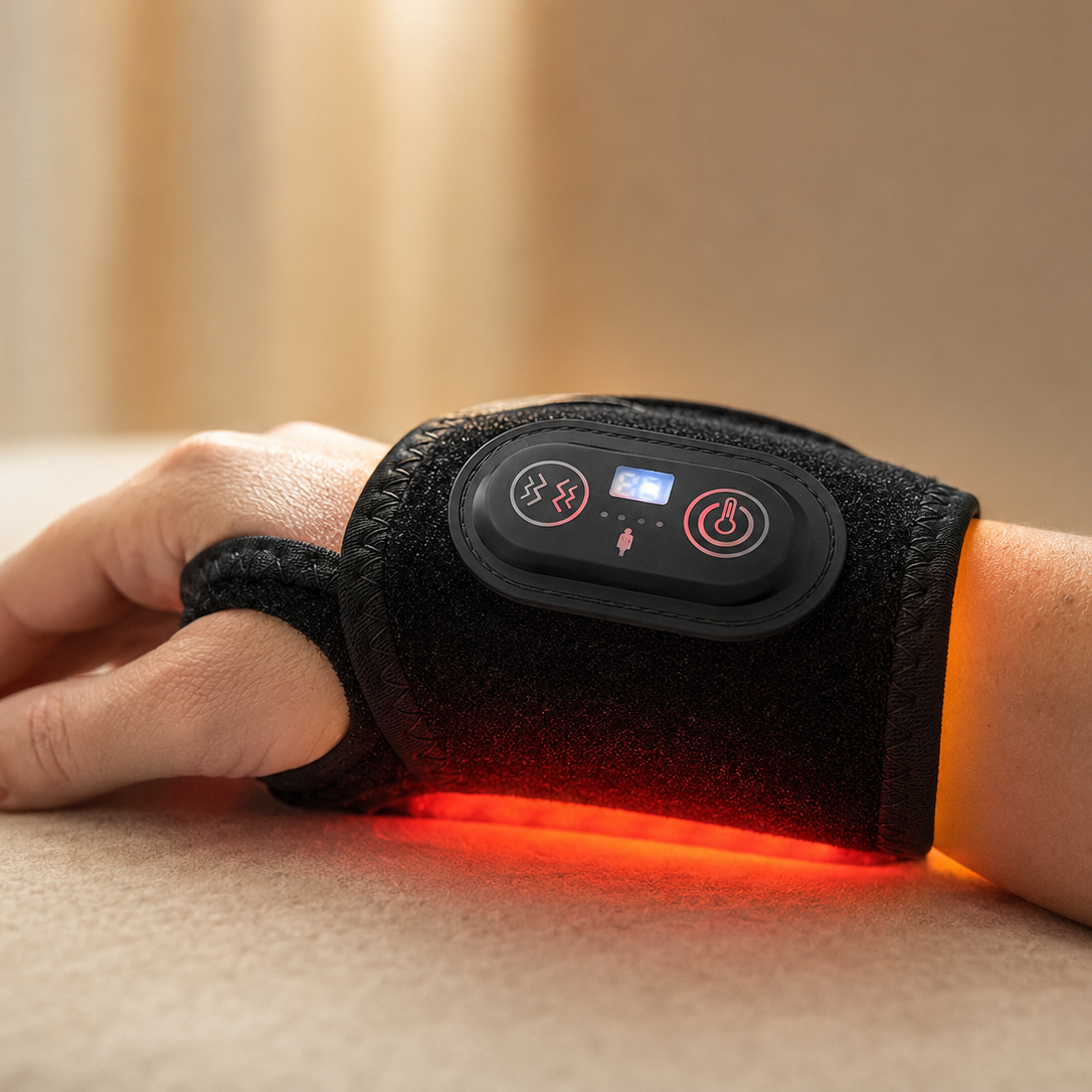 Wrist Bro worn during a relaxing nighttime wrist relief session